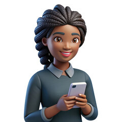 3d cartoon woman holding smartphone isolated on transparent background