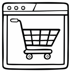 Hand drawn online shopping cart inside a web browser window ecommerce concept illustration