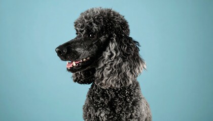 Elegant black poodle, profile view, light blue background
