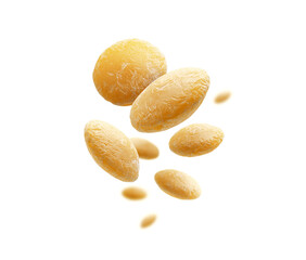 Yellow lentils levitate on a white background