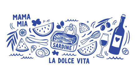 Experience La Dolce Vita with vibrant Italian-inspired elements like sardines, wine, fruit, and joyful phrases for a celebration of life.