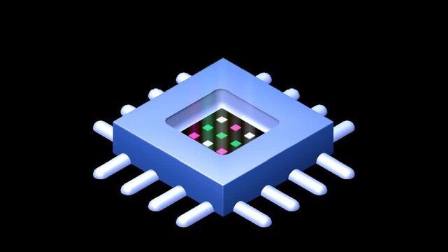 Animated microchip or CPU with glowing core. Technology, computing, data processing, futuristic isometric processor. Seamless loop