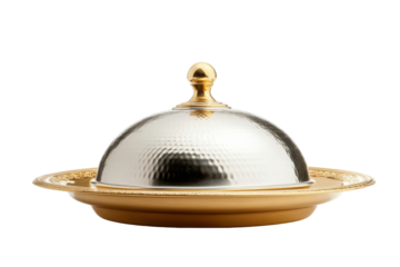 Elegant silver cloche serving dish with gold base isolated on transparent background. Silver serving cloche raised above empty golden plate isolated on white background.