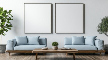 Light-filled modern living room featuring a light-blue sectional sofa and two large, empty picture frames on a white wall.