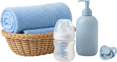 Woven basket holding rolled blue towels next to a baby bottle dispenser and pacifier isolated on black transparent background