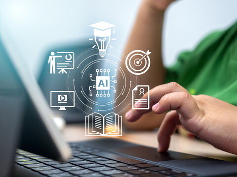Child using laptop with virtual AI icons, representing artificial intelligence in education, personalized learning, digital tools, e-learning, and smart AI technology for kids and future learning.