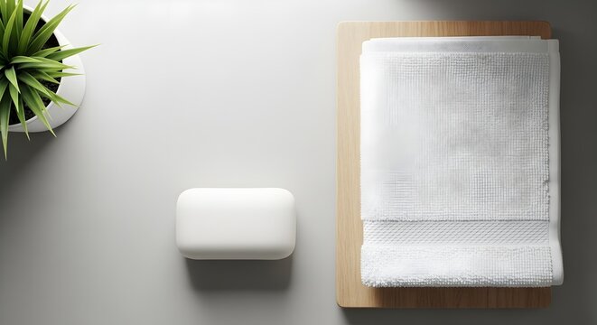 Clean white soap bar and folded terry cloth towel on a light grey surface with a green potted plant, top-down view.