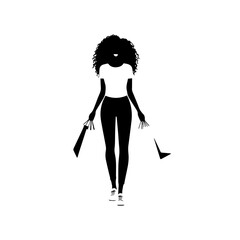 Black and white line art of a beautiful happy woman carrying shopping bags minimalist cheerful illustration