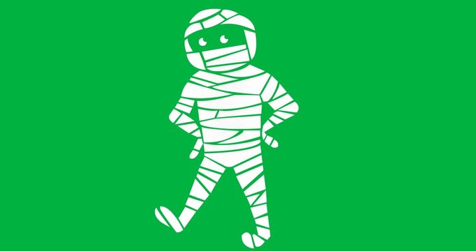 Mummy-like figure posing with floating grid icons on transparent background for marketing campaign