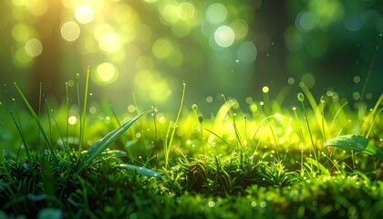 Lush green grass with bright bokeh light effect