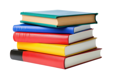 Stack of colorful hardcover books isolated on transparent background. Stack of hardcover old books isolated on white background.