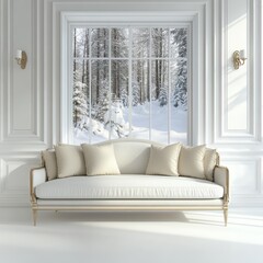A classic white sofa in a sunlit room with a winter wonderland view through the large window.