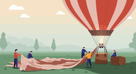 A conceptual flat design illustration showing the meticulous preparation of a hot air balloon on the ground by its crew before inflation, highlighting teamwork. 