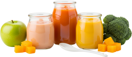 Three jars of baby food purees one green apple diced pumpkin broccoli and a spoon isolate infant nutrition