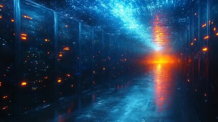 Futuristic server room with glowing data streams - Powered by Adobe