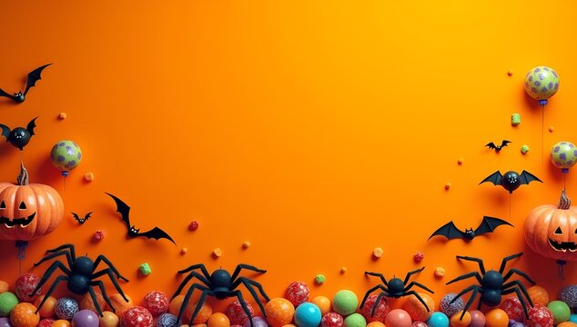 Halloween orange color background with bats and 3D ghost   