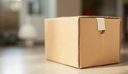 Closed cardboard box on the floor, ideal for illustrating delivery services, packaging, moving, e-commerce visuals, storage concepts and stock use