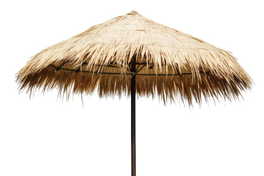Tropical thatch umbrella parasol isolated on transparent background. Straw beach umbrella for sun protection isolated on white background. - Powered by Adobe