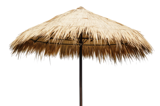 Tropical thatch umbrella parasol isolated on transparent background. Straw beach umbrella for sun protection isolated on white background.