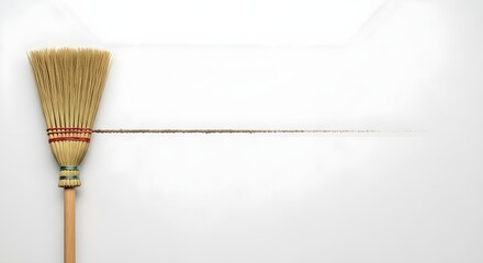Traditional straw broom sweeping a long, fading line of dust and dirt across a bright white background, symbolizing cleanliness and removal.