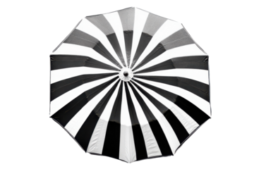 Black and white striped umbrella isolated on transparent background. Striped beach umbrella isolated on white background.