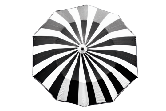 Black and white striped umbrella isolated on transparent background. Striped beach umbrella isolated on white background.