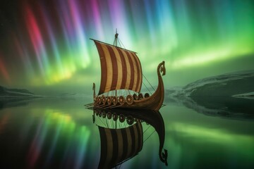 Viking longship sails on calm water under colorful aurora borealis boat