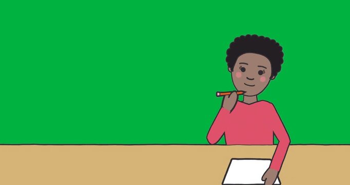 Cartoon educator sketching lesson plan with pencil on tabletop, with transparent background