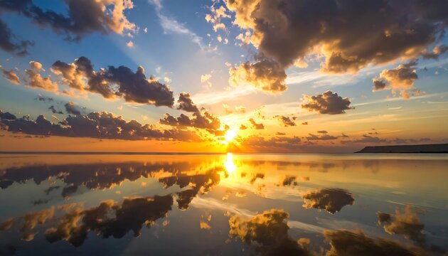 Vibrant sunset reflected in calm water