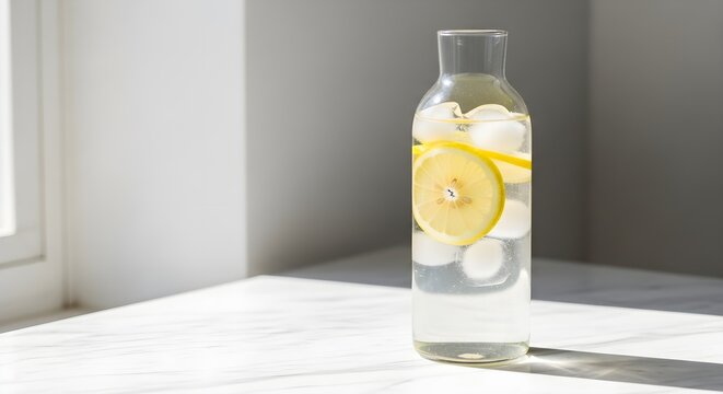 Refreshing glass bottle of water with lemon slices and ice cubes on a white table bathed in natural sunlight, perfect for summer hydration and wellness.