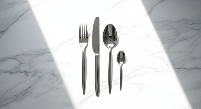 A set of modern, stainless steel cutlery including a fork, knife, soup spoon, and teaspoon are neatly arranged on a marble table, basking in the bright light for elegant dining.