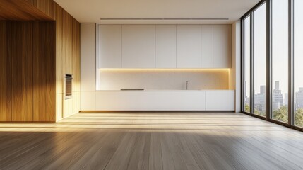 Fototapeta premium A bright, modern kitchen with light-wood paneling and white cabinetry, showcasing a city view through expansive windows.