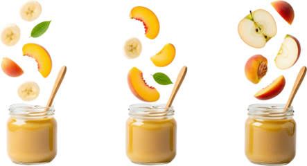 Three jars of fruit puree with falling fruit pieces and wooden spoons isolate baby food banana slices