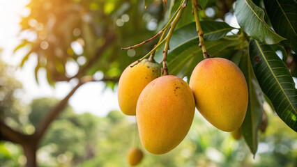 Yellow Mangoes hanging on tree in garden, Mango on tree branch in natural warm sunlight background