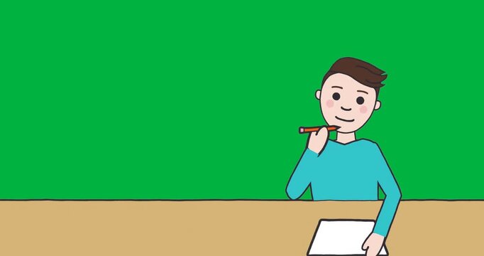 male child writing at desk with animated pencil, paper on transparent background for education