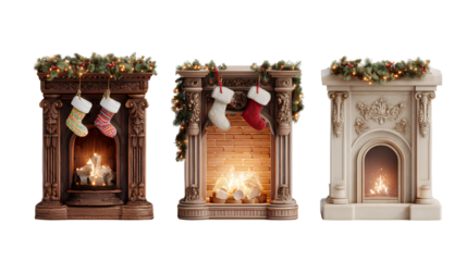Holiday Fireplace Trio Featuring Traditional, Festive, and Minimalist Designs isolated on transparent background
