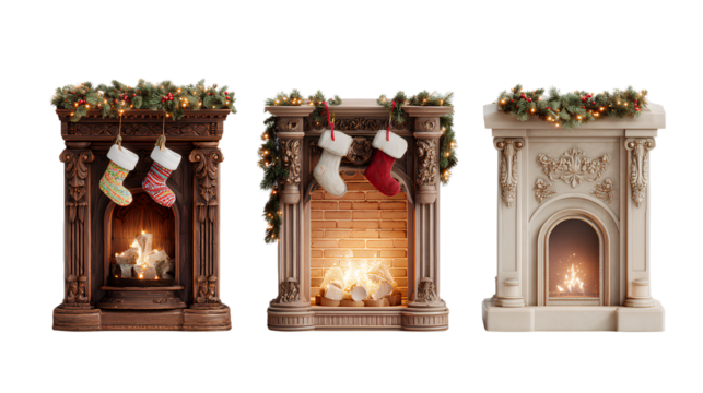 Holiday Fireplace Trio Featuring Traditional, Festive, and Minimalist Designs isolated on transparent background