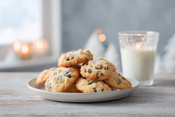 beautifully arranged plate of freshly baked cookies and glass of milk sits on rustic wooden table perfect for santa