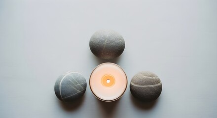 Obraz premium A lit candle surrounded by smooth stones evokes tranquility and mindfulness, perfect for relaxation, spa, or meditation concepts.