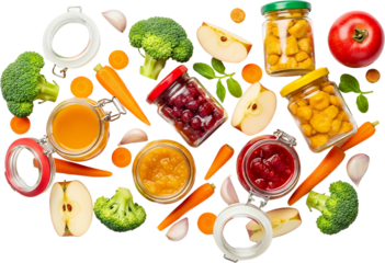 Jars of pureed fruits and vegetables whole carrots broccoli florets apple slices garlic cloves and a tomato transparent background