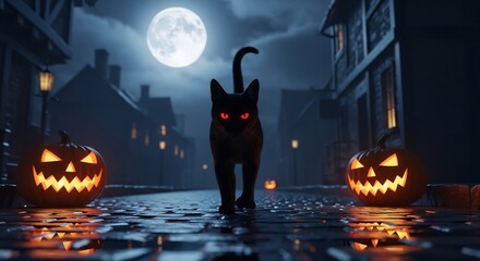 Eerie Halloween night scene with black cat, glowing pumpkins, and spooky moonlit street. Perfect for Halloween cards, invitations, or themed graphics. Spooky, dark art.