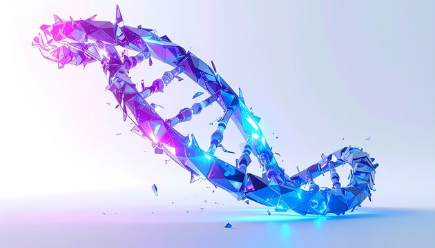 Glowing polygonal DNA molecule breaking apart, an abstract illustration of genetic data, innovation, and scientific discovery