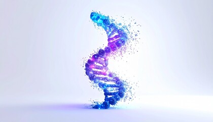Creative visualization of a dynamic DNA double helix, formed by glowing neon blue and purple particles, artfully dissolving, symbolizing advanced genetic research and biological innovation