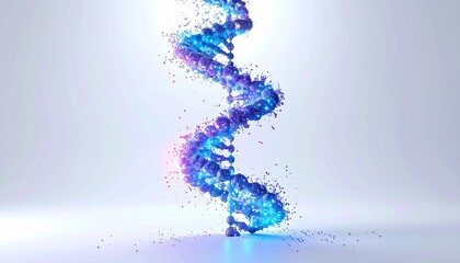 Obraz premium Abstract 3D rendering of a glowing DNA double helix composed of vibrant blue and purple particles dissolving into a mist