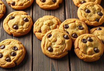Golden-brown chocolate chip cookies arranged on a rustic wooden surface, background, homemade