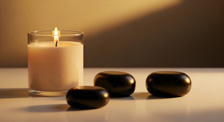Spa Relaxation: Lit Candle and Smooth Black Stones on a Tranquil White Surface, creating a serene and peaceful atmosphere perfect for wellness, meditation, and aromatherapy.