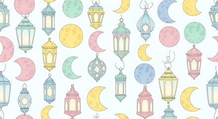 Fototapeta premium Ramadan Festive Background Pastel Lanterns Moons.