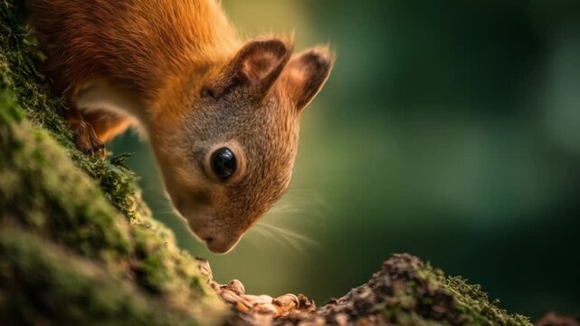 Close-up of a red squirrel searching for nuts on a mossy tree trunk.