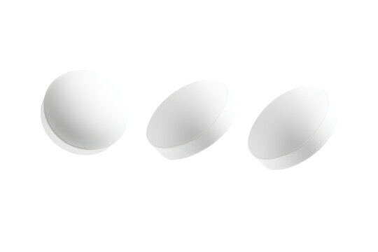 White round pills isolated on transparent background. White pills floating in the air isolated on white background.
