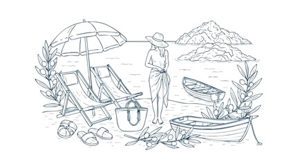 Serene beach scene with a woman in a sun hat, lounge chairs, umbrella, and boats, evoking peaceful vacation vibes and Mediterranean charm.